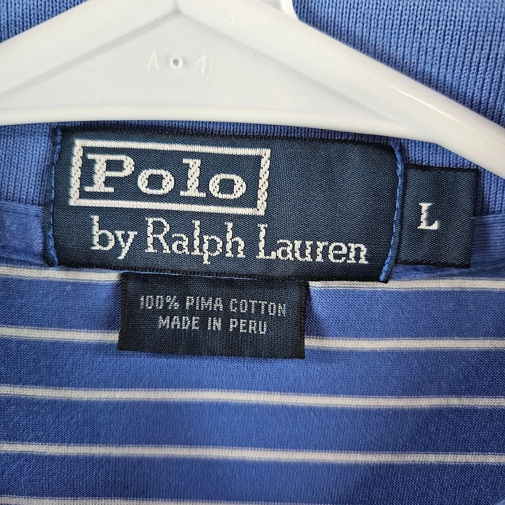 Polo Ralph Lauren Mens Blue White Striped Pima Cotton Polo Shirt Yellow Pony‎ L